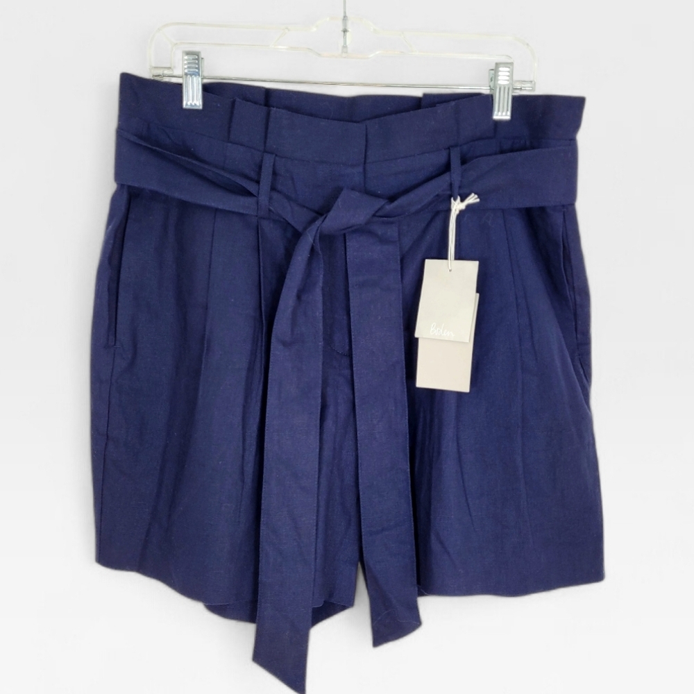 NWT BODEN ST IVES Navy Blue Linen Blend Belted Paperbag Shorts Size 10 New - Picture 2 of 8